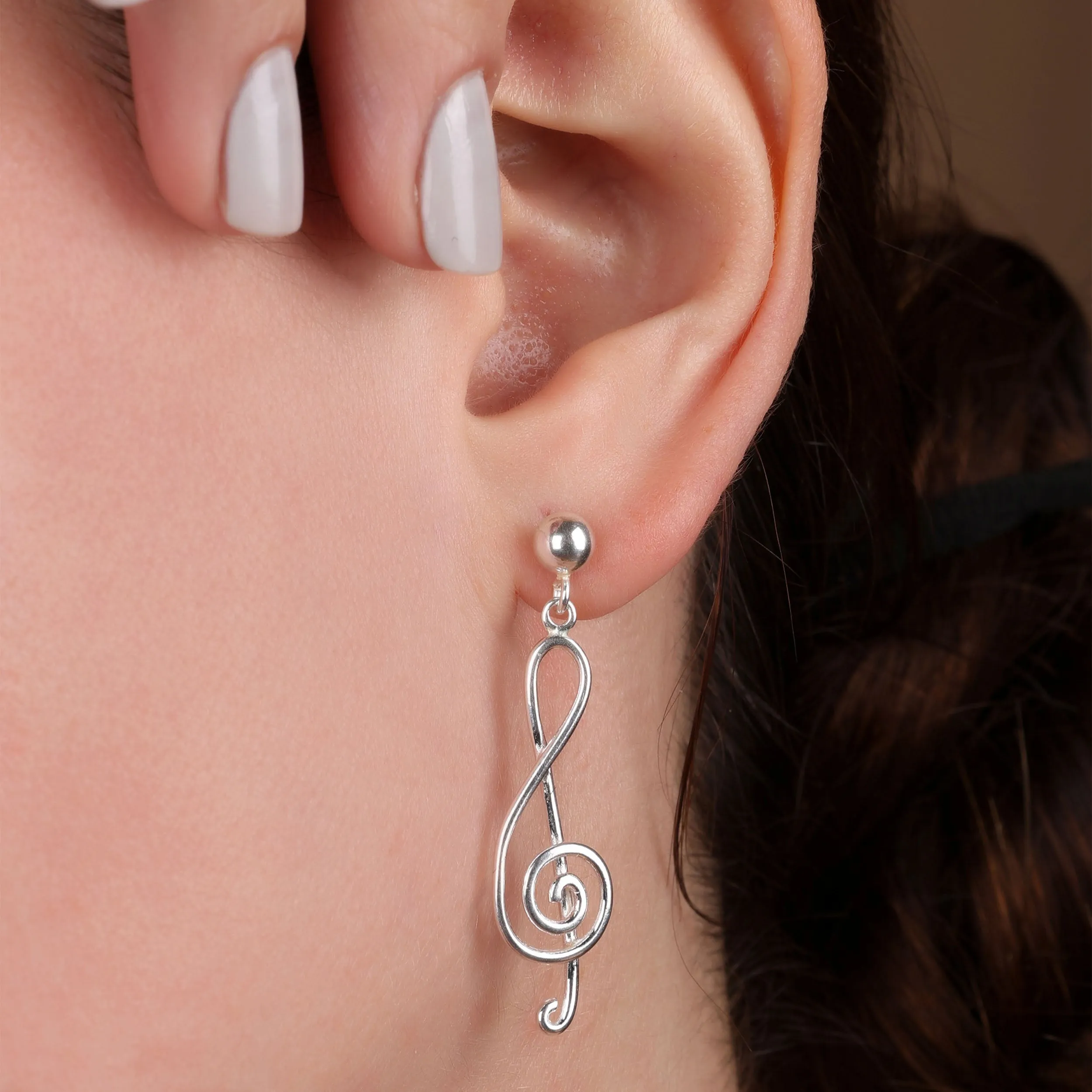 Musical Music Treble Clef Note Large Dangle Stud Earrings  .925 Sterling Silver