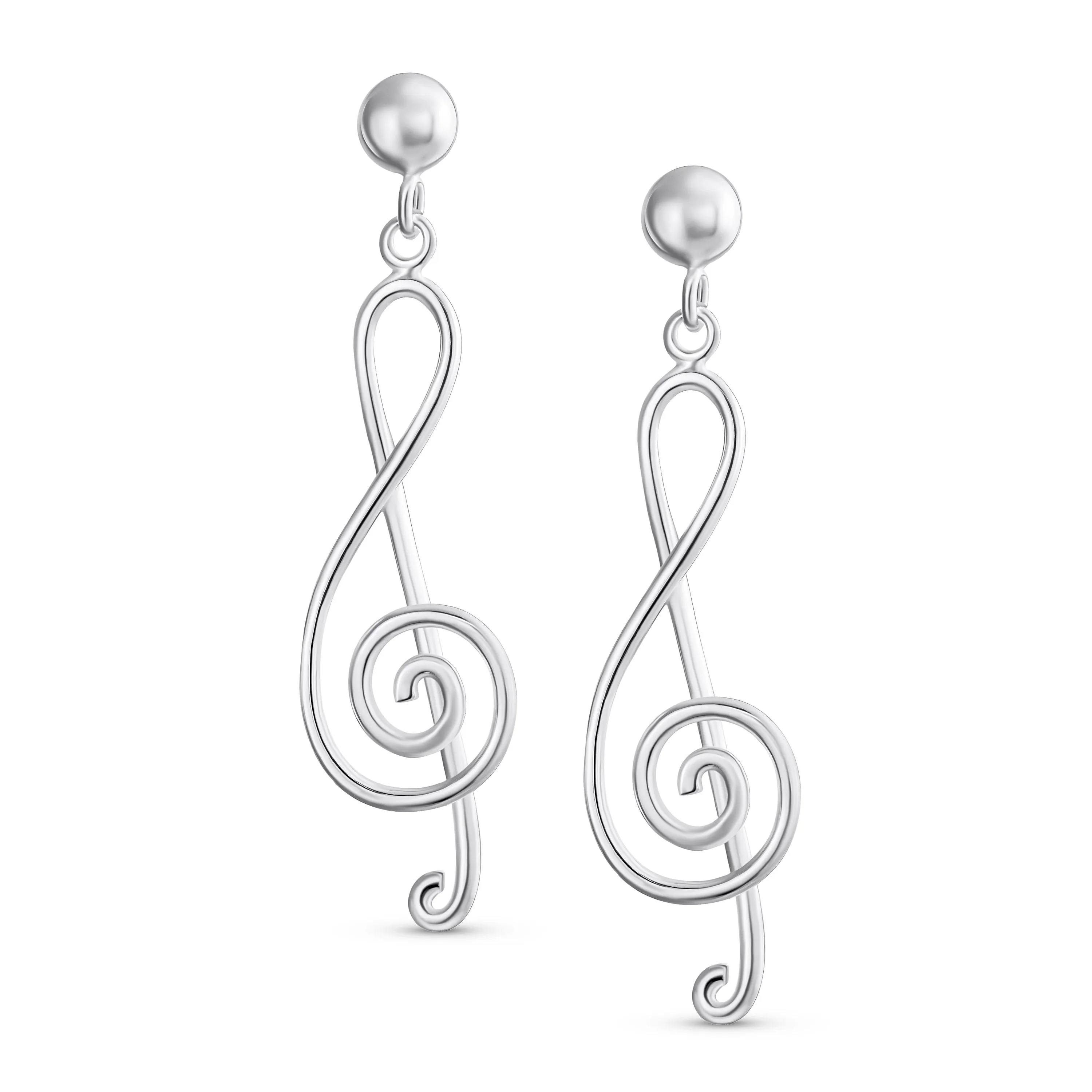 Musical Music Treble Clef Note Large Dangle Stud Earrings  .925 Sterling Silver