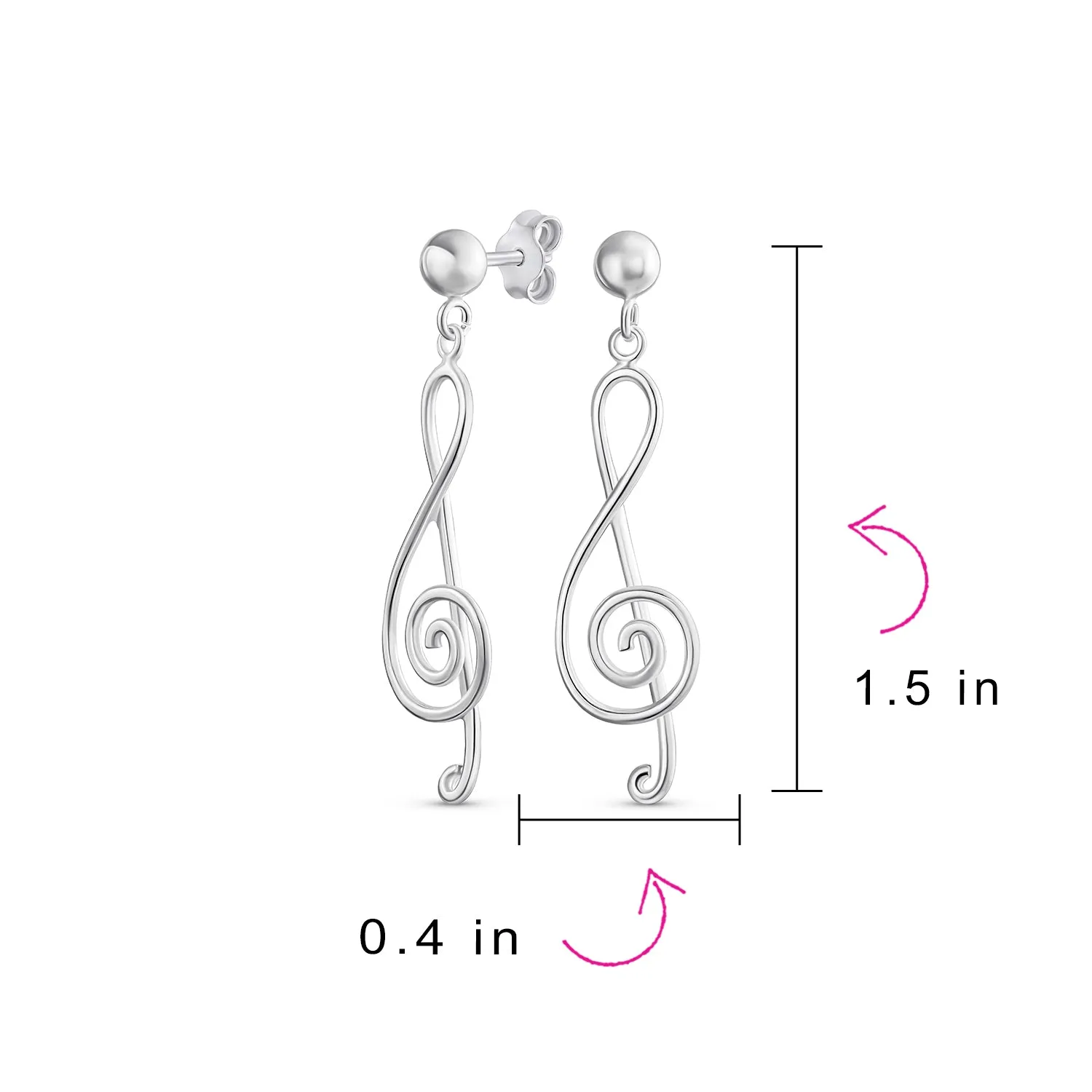 Musical Music Treble Clef Note Large Dangle Stud Earrings  .925 Sterling Silver