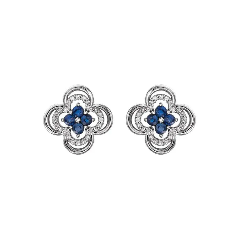 Natural Blue Sapphire & Natural Diamond Clover Stud Earrings