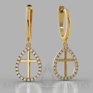 Natural Diamond Enclosed Cross Earrings  - 14K Yellow Gold
