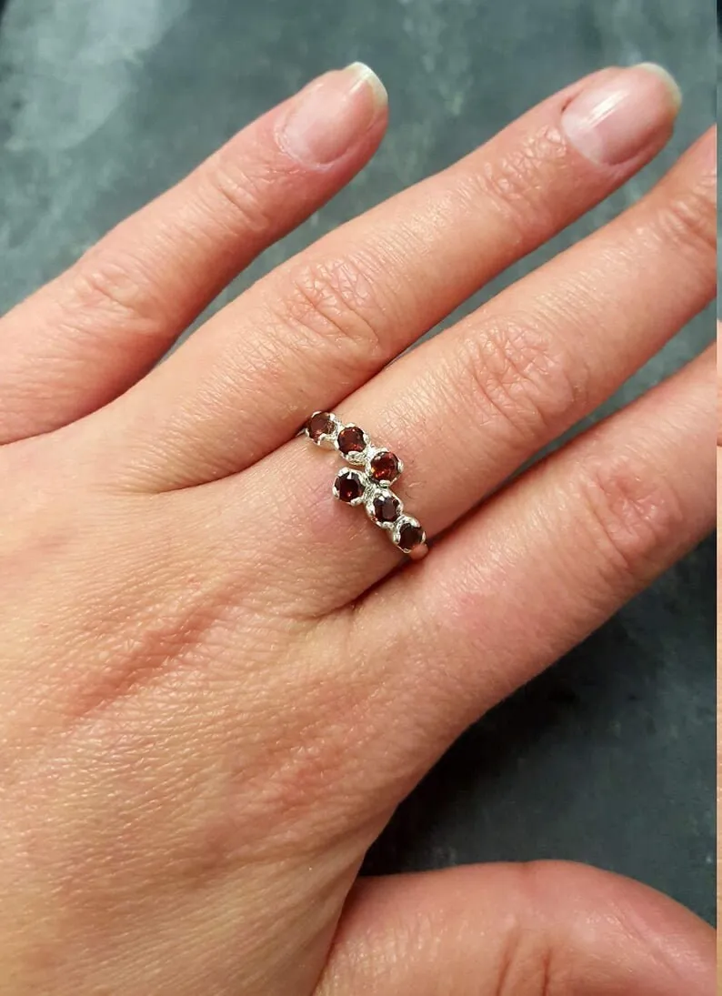 Natural Garnet Ring - Red Bypass Ring - January Birthstone Ring