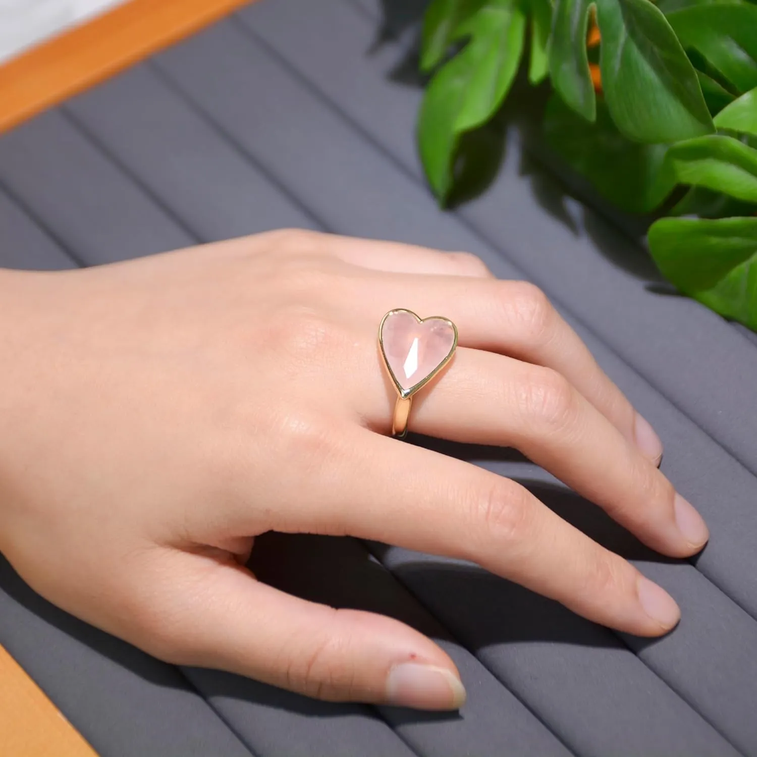 Natural Gemstone Ring, Heart Shape Genuine Crystal Quartz Amethyst Amazonite Rose Quartz Rings for Women, 14K Gold Plated Adjustable Crystal Rings.