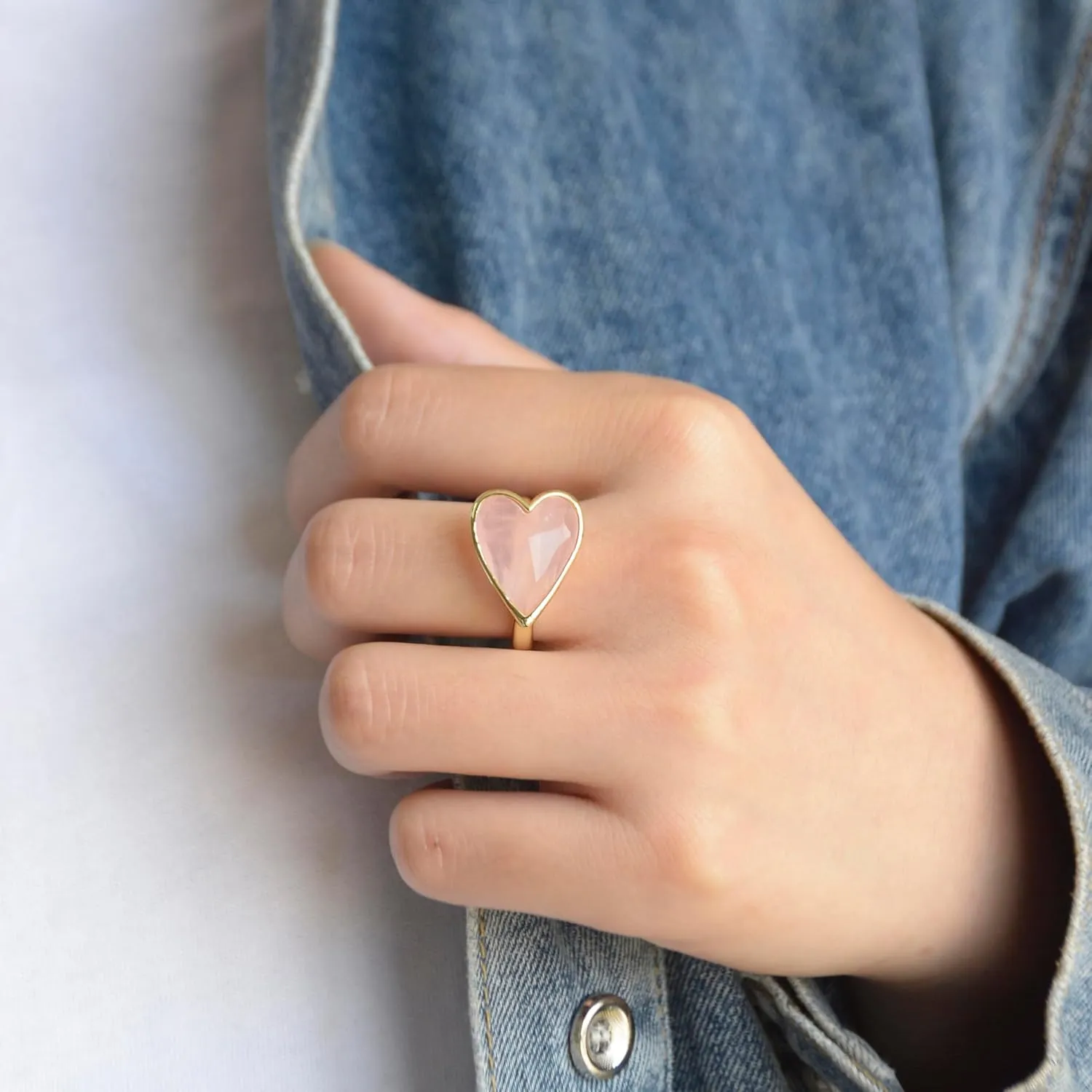 Natural Gemstone Ring, Heart Shape Genuine Crystal Quartz Amethyst Amazonite Rose Quartz Rings for Women, 14K Gold Plated Adjustable Crystal Rings.
