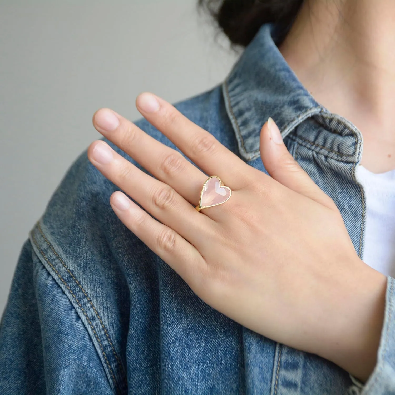Natural Gemstone Ring, Heart Shape Genuine Crystal Quartz Amethyst Amazonite Rose Quartz Rings for Women, 14K Gold Plated Adjustable Crystal Rings.