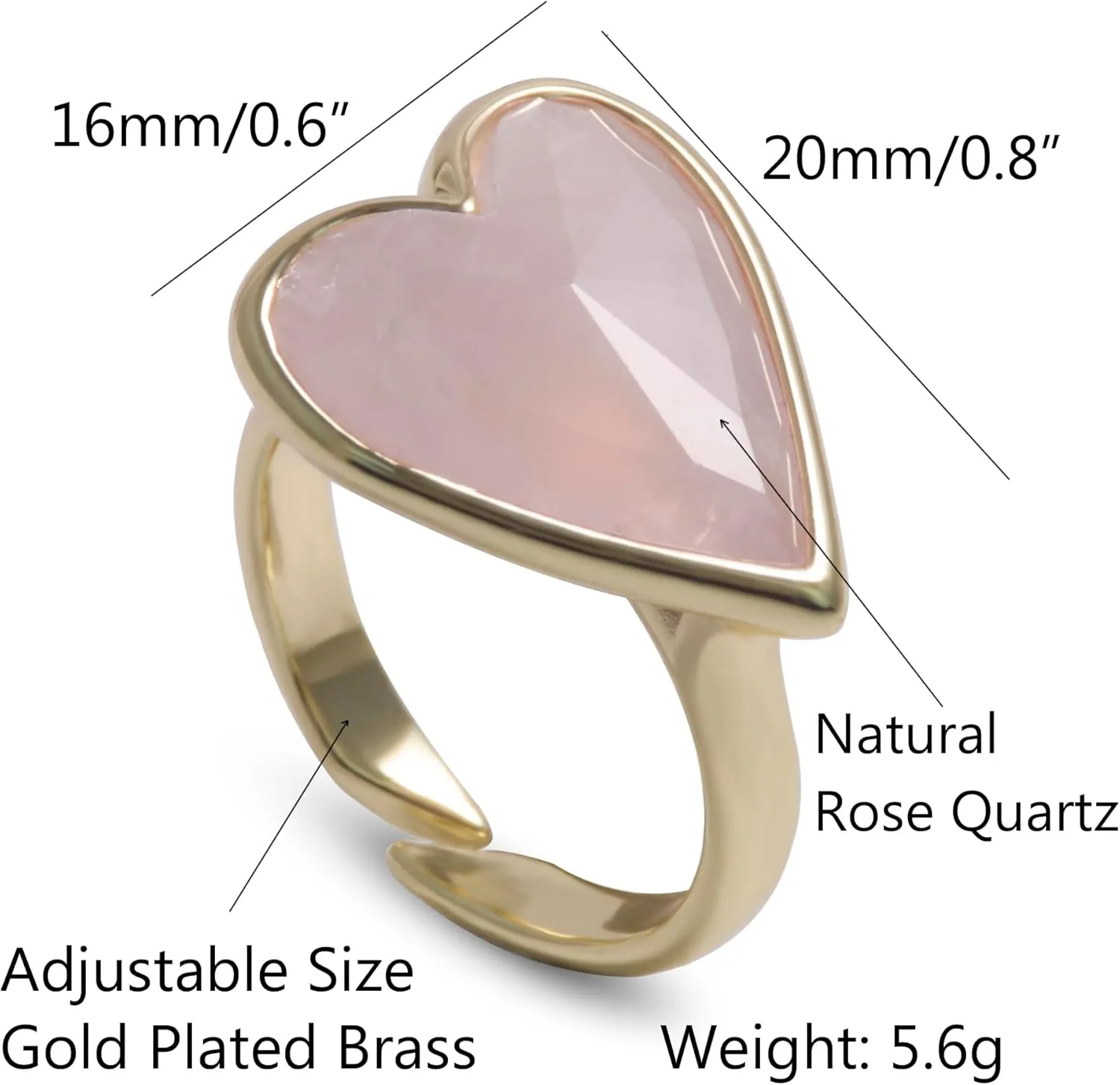 Natural Gemstone Ring, Heart Shape Genuine Crystal Quartz Amethyst Amazonite Rose Quartz Rings for Women, 14K Gold Plated Adjustable Crystal Rings.