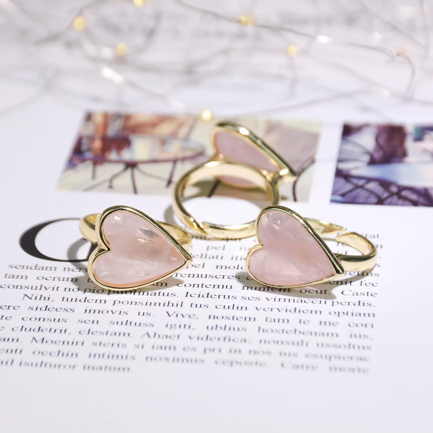 Natural Gemstone Ring, Heart Shape Genuine Crystal Quartz Amethyst Amazonite Rose Quartz Rings for Women, 14K Gold Plated Adjustable Crystal Rings.