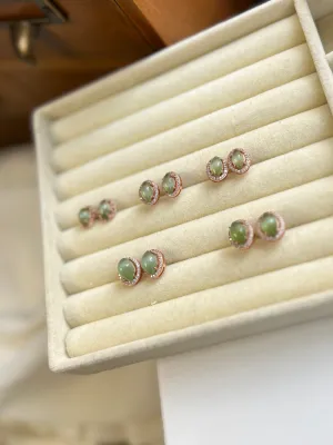 Natural Jade Earrings, Hetian Jade Earrings, S925 Sterling Silver Earrings, Cat Eye Jade Earrings, Light Green Jade Earrings, Stud Earrings