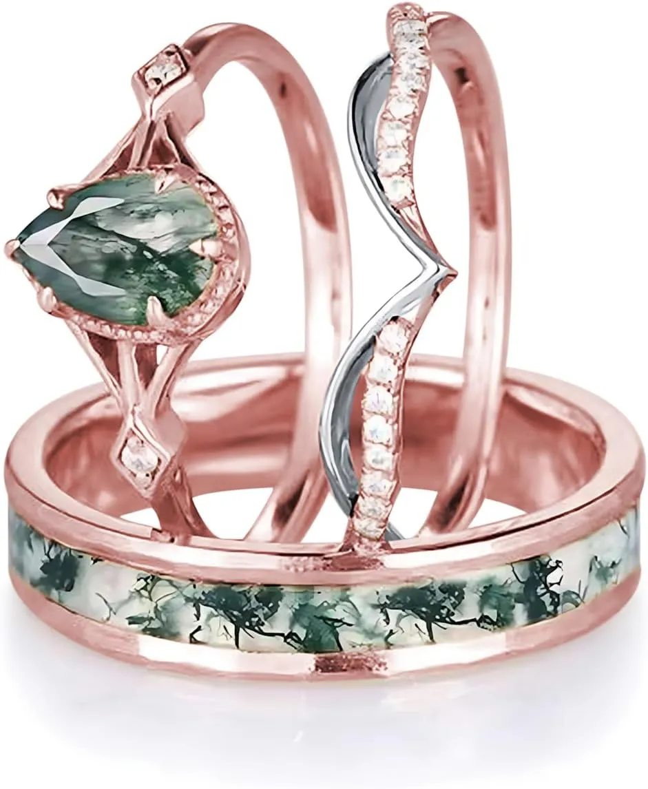 Natural Moss Agate Wedding Rings for Couple, S925 10K 14K 18K Gold Couple Rings Customized Green 2pcs Promise Bands Sets for Him and Her Bride for Anniversary Engagement Wedding