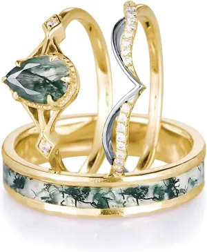 Natural Moss Agate Wedding Rings for Couple, S925 10K 14K 18K Gold Couple Rings Customized Green 2pcs Promise Bands Sets for Him and Her Bride for Anniversary Engagement Wedding