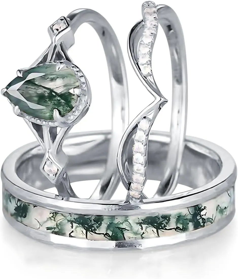 Natural Moss Agate Wedding Rings for Couple, S925 10K 14K 18K Gold Couple Rings Customized Green 2pcs Promise Bands Sets for Him and Her Bride for Anniversary Engagement Wedding