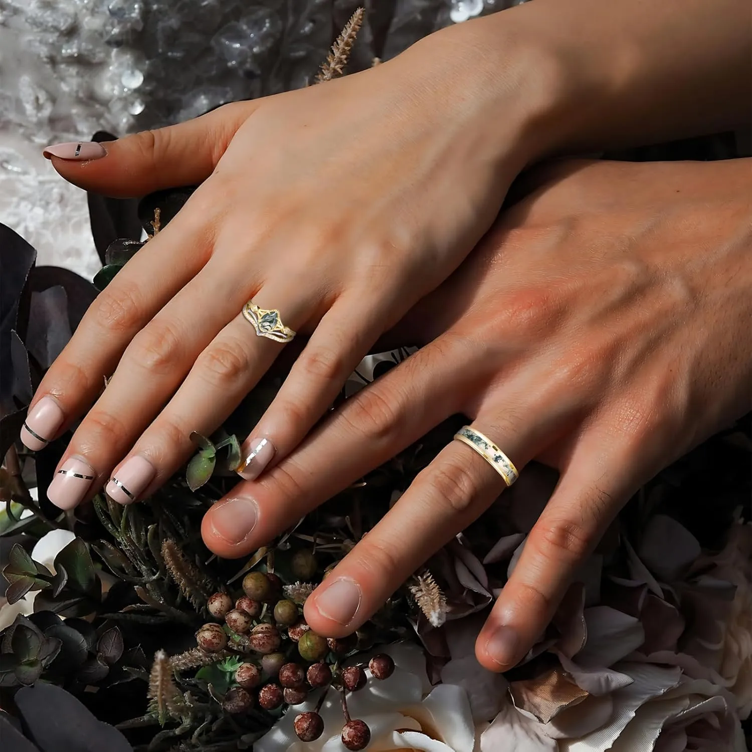 Natural Moss Agate Wedding Rings for Couple, S925 10K 14K 18K Gold Couple Rings Customized Green 2pcs Promise Bands Sets for Him and Her Bride for Anniversary Engagement Wedding