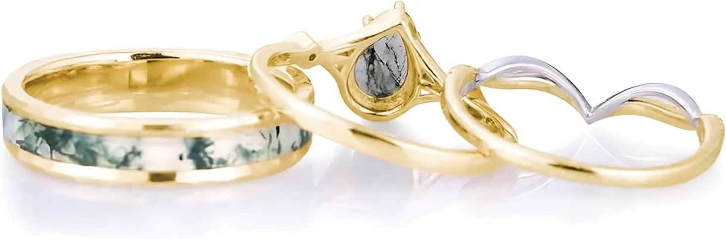 Natural Moss Agate Wedding Rings for Couple, S925 10K 14K 18K Gold Couple Rings Customized Green 2pcs Promise Bands Sets for Him and Her Bride for Anniversary Engagement Wedding