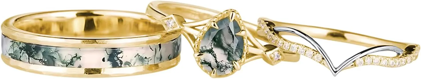 Natural Moss Agate Wedding Rings for Couple, S925 10K 14K 18K Gold Couple Rings Customized Green 2pcs Promise Bands Sets for Him and Her Bride for Anniversary Engagement Wedding