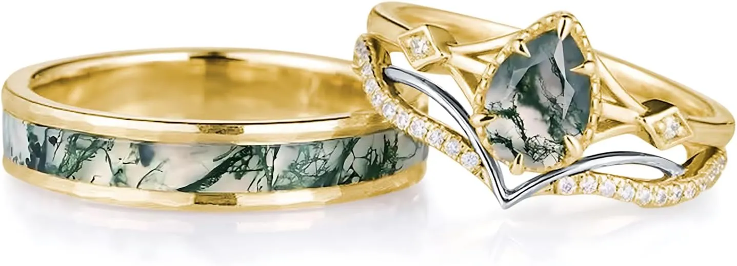 Natural Moss Agate Wedding Rings for Couple, S925 10K 14K 18K Gold Couple Rings Customized Green 2pcs Promise Bands Sets for Him and Her Bride for Anniversary Engagement Wedding