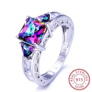 Natural Mystic Fire Topaz Solid Ring 925 Sterling Silver Women Square Rainbow Jewelry