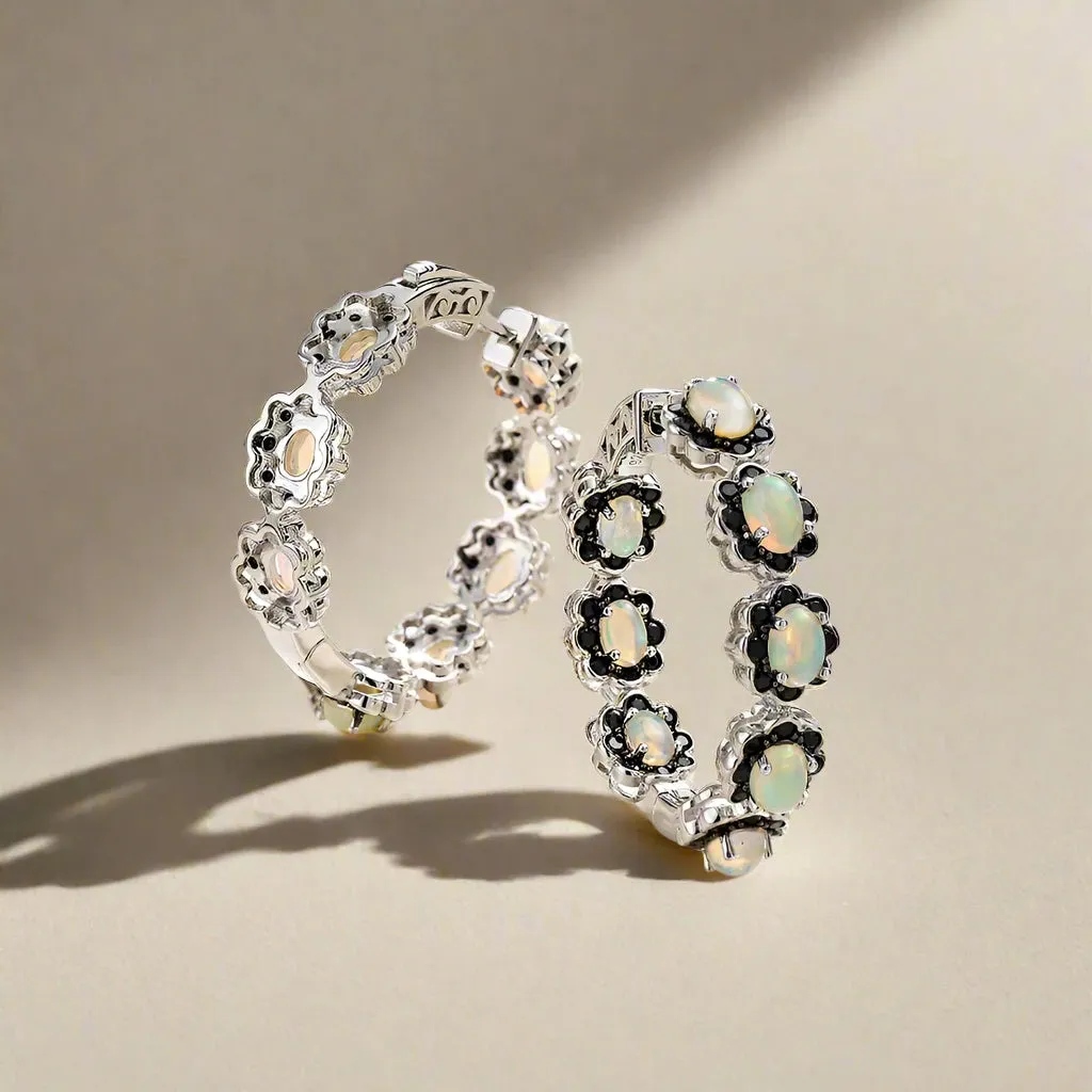 Natural Opal & Black Spinel Gemstone Hoop Earrings