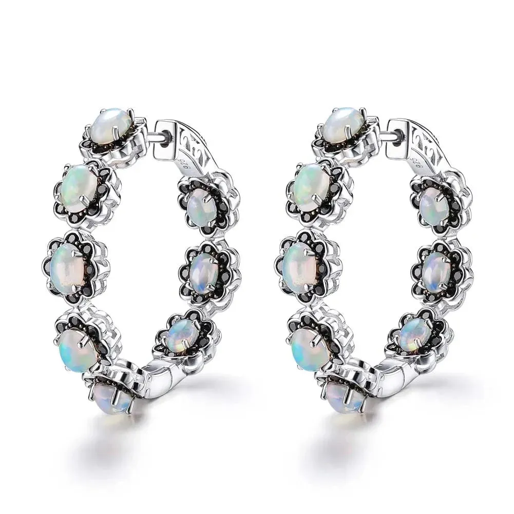Natural Opal & Black Spinel Gemstone Hoop Earrings