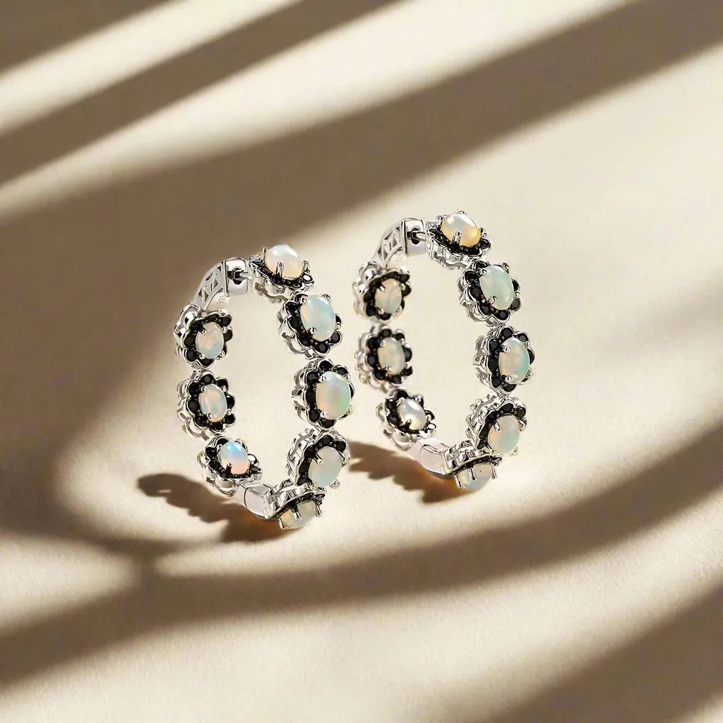 Natural Opal & Black Spinel Gemstone Hoop Earrings