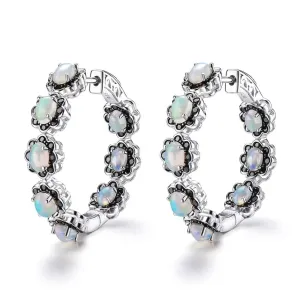 Natural Opal & Black Spinel Gemstone Hoop Earrings