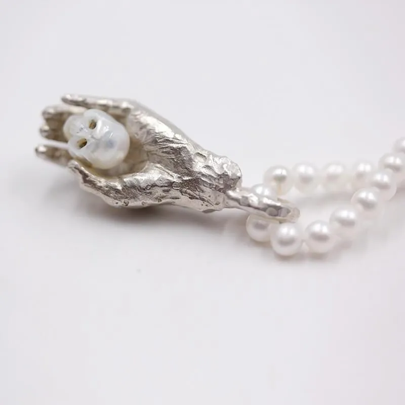 Natural Pearl Carved Skull Pearl Strand Necklace
