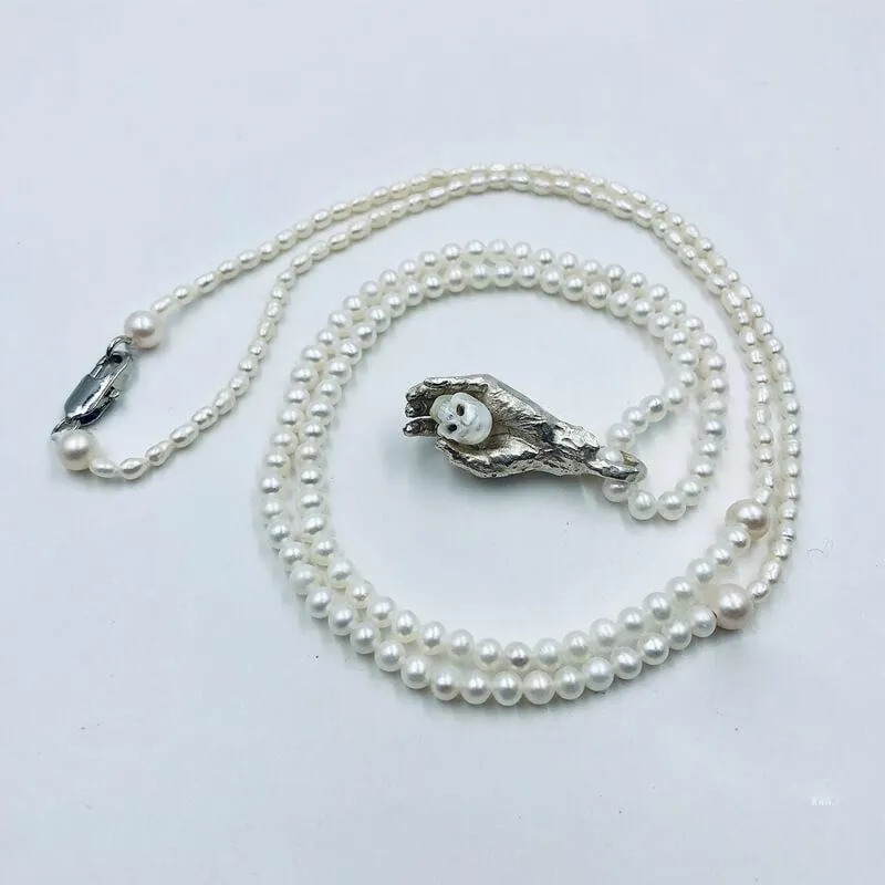 Natural Pearl Carved Skull Pearl Strand Necklace
