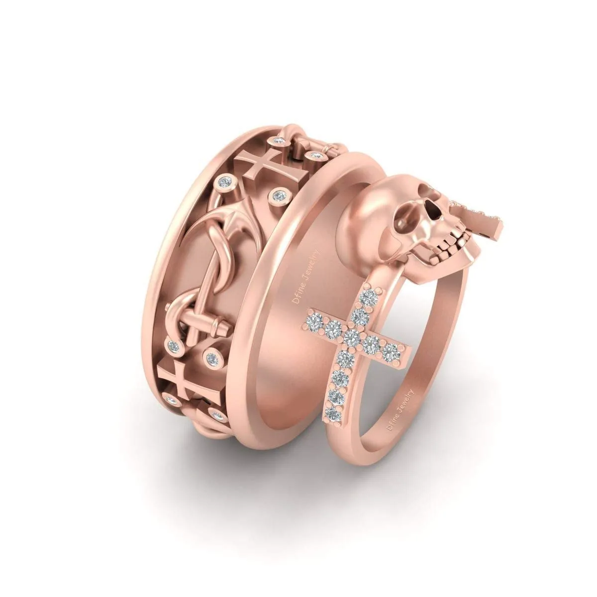 Nautical Rope Anchor Holy Cross Gothic Skull Matching Couple Engagement Ring Set His and Hers Rose Gold Fn 925 Silver