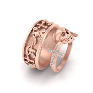 Nautical Rope Anchor Holy Cross Gothic Skull Matching Couple Engagement Ring Set His and Hers Rose Gold Fn 925 Silver