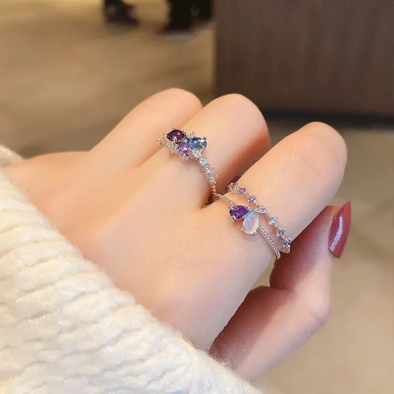 New Korean Sweet Heart Flower Cubic Zircon Adjustable Rings For Women.