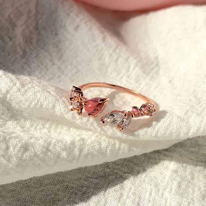 New Korean Sweet Heart Flower Cubic Zircon Adjustable Rings For Women.