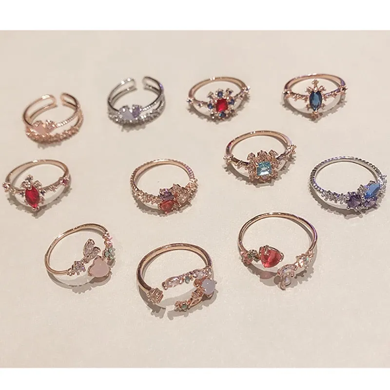 New Korean Sweet Heart Flower Cubic Zircon Adjustable Rings For Women.