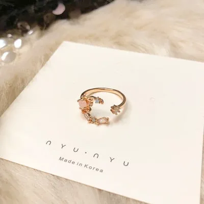 New Korean Sweet Heart Flower Cubic Zircon Adjustable Rings For Women.