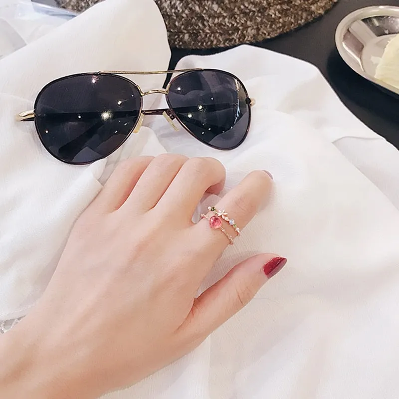 New Korean Sweet Heart Flower Cubic Zircon Adjustable Rings For Women.