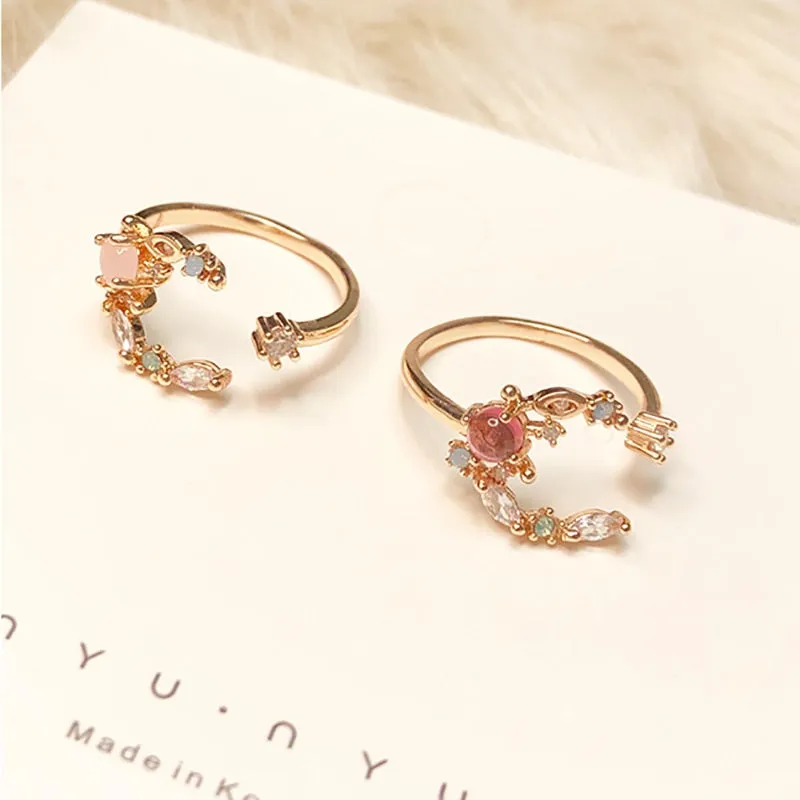 New Korean Sweet Heart Flower Cubic Zircon Adjustable Rings For Women.