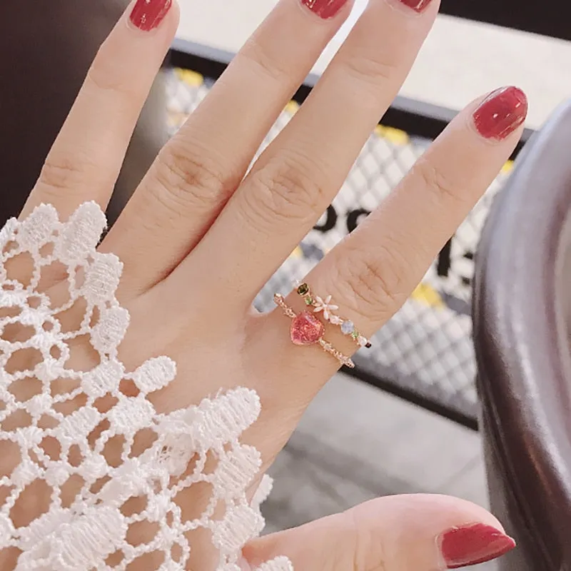 New Korean Sweet Heart Flower Cubic Zircon Adjustable Rings For Women.