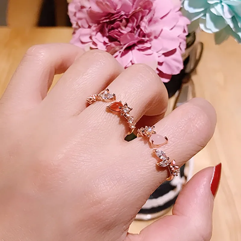 New Korean Sweet Heart Flower Cubic Zircon Adjustable Rings For Women.