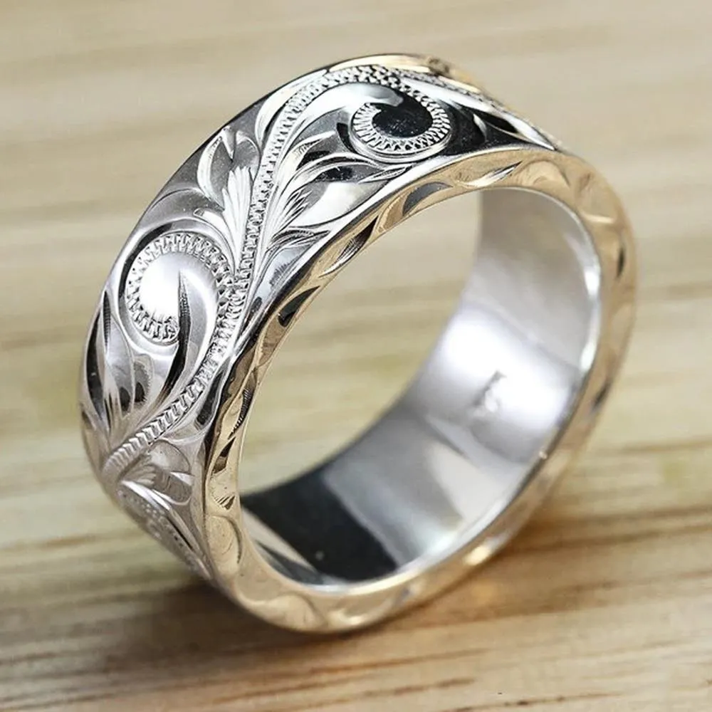 New Trendy Engraved Flower Leaf Pattern Ring