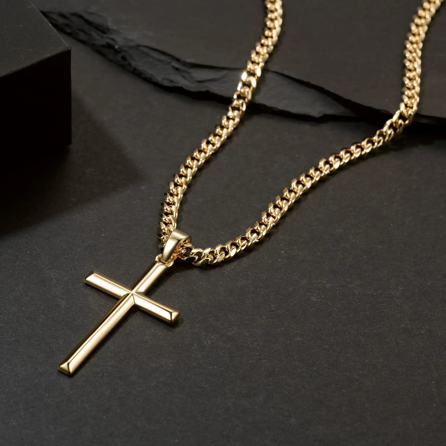 NICRET Gold Cross Necklace for Men 14K Cross Pendant for Men Simple Angular Edges with 4mm Cuban Chain Mens Crosses Chain