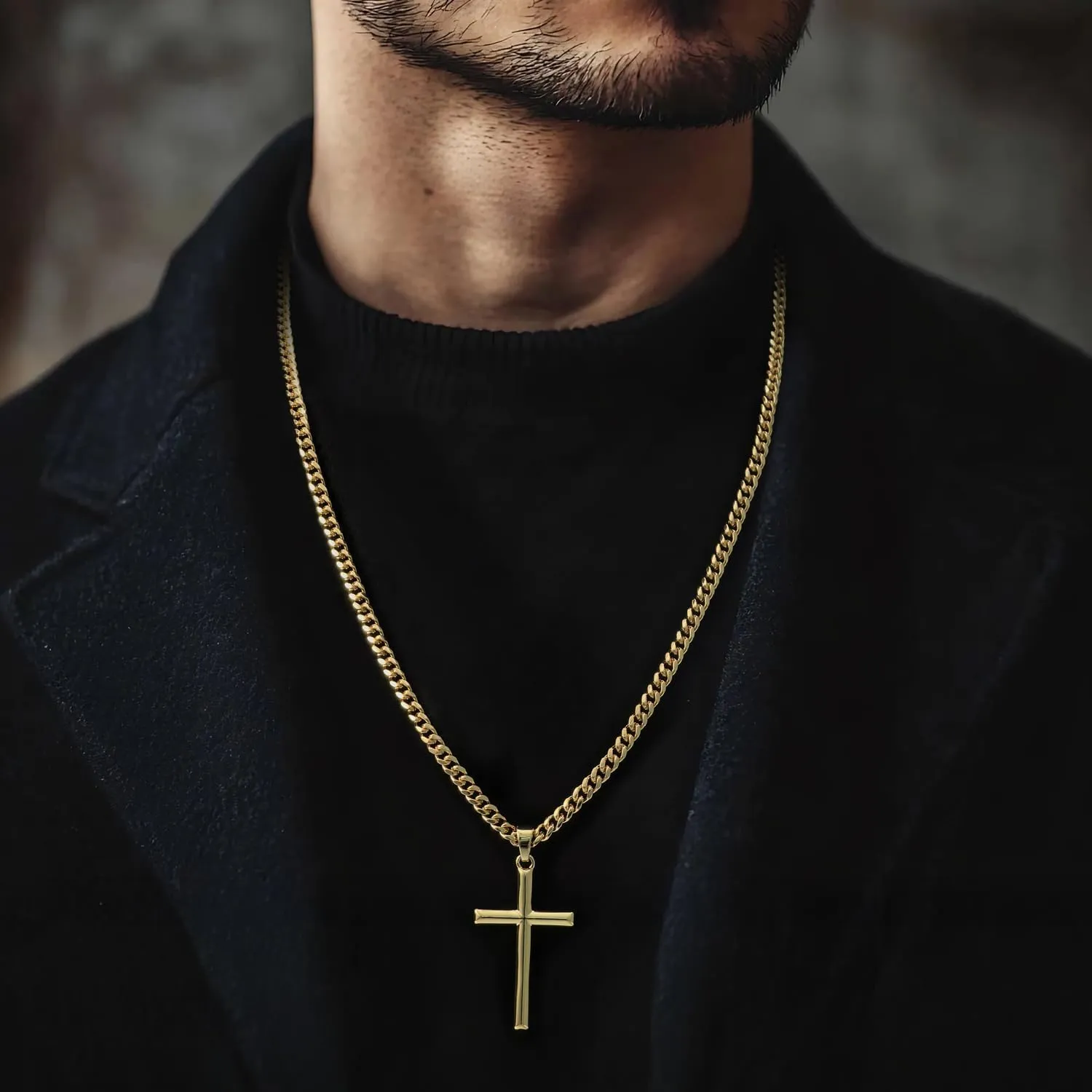 NICRET Gold Cross Necklace for Men 14K Cross Pendant for Men Simple Angular Edges with 4mm Cuban Chain Mens Crosses Chain