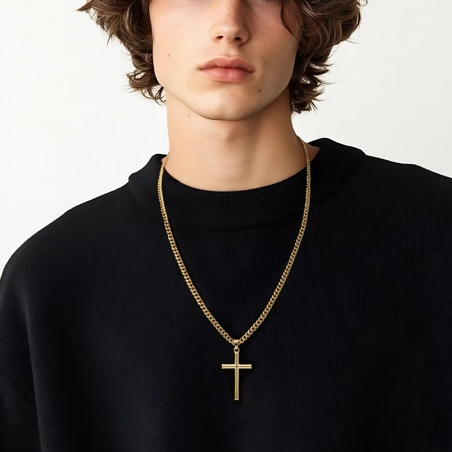 NICRET Gold Cross Necklace for Men 14K Cross Pendant for Men Simple Angular Edges with 4mm Cuban Chain Mens Crosses Chain