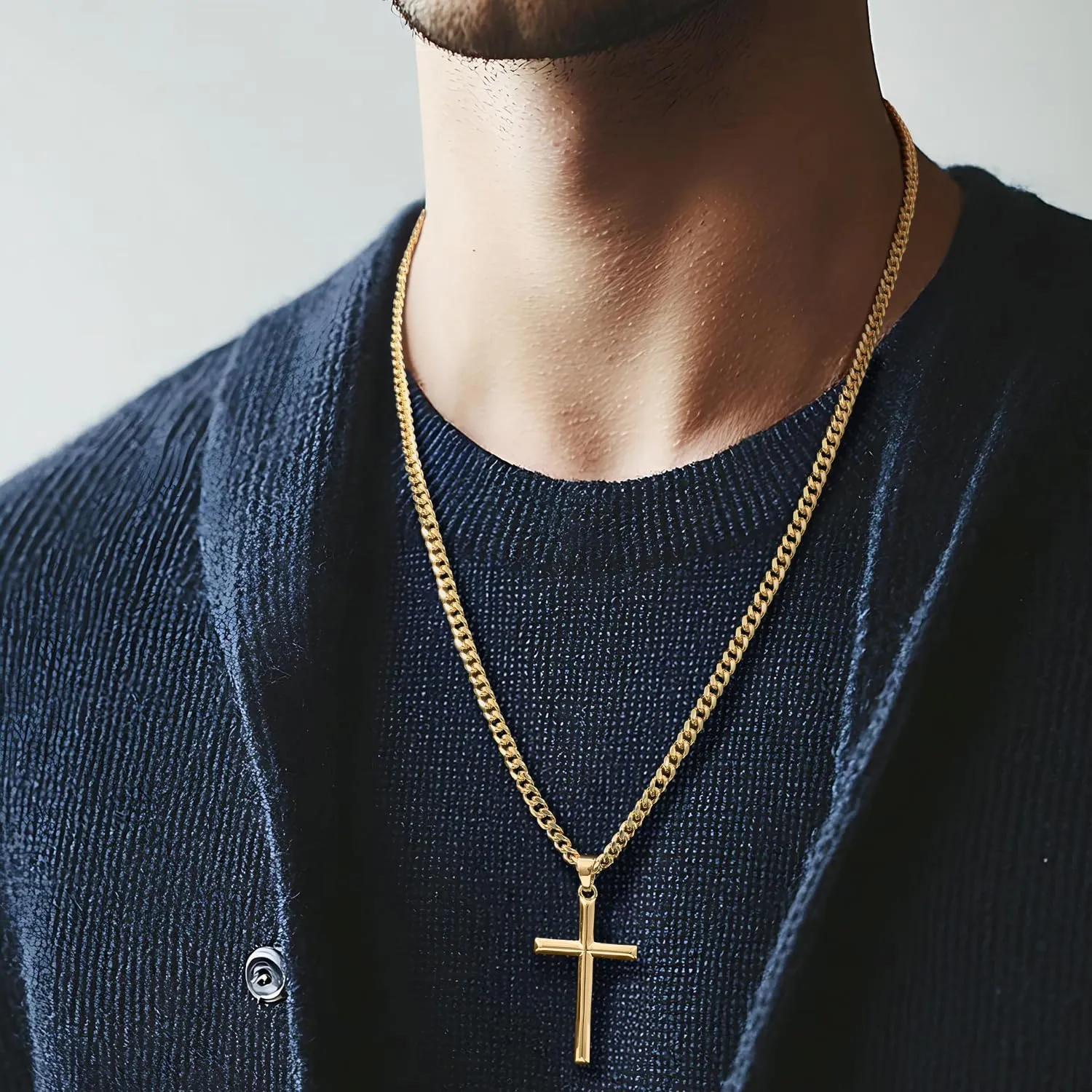NICRET Gold Cross Necklace for Men 14K Cross Pendant for Men Simple Angular Edges with 4mm Cuban Chain Mens Crosses Chain