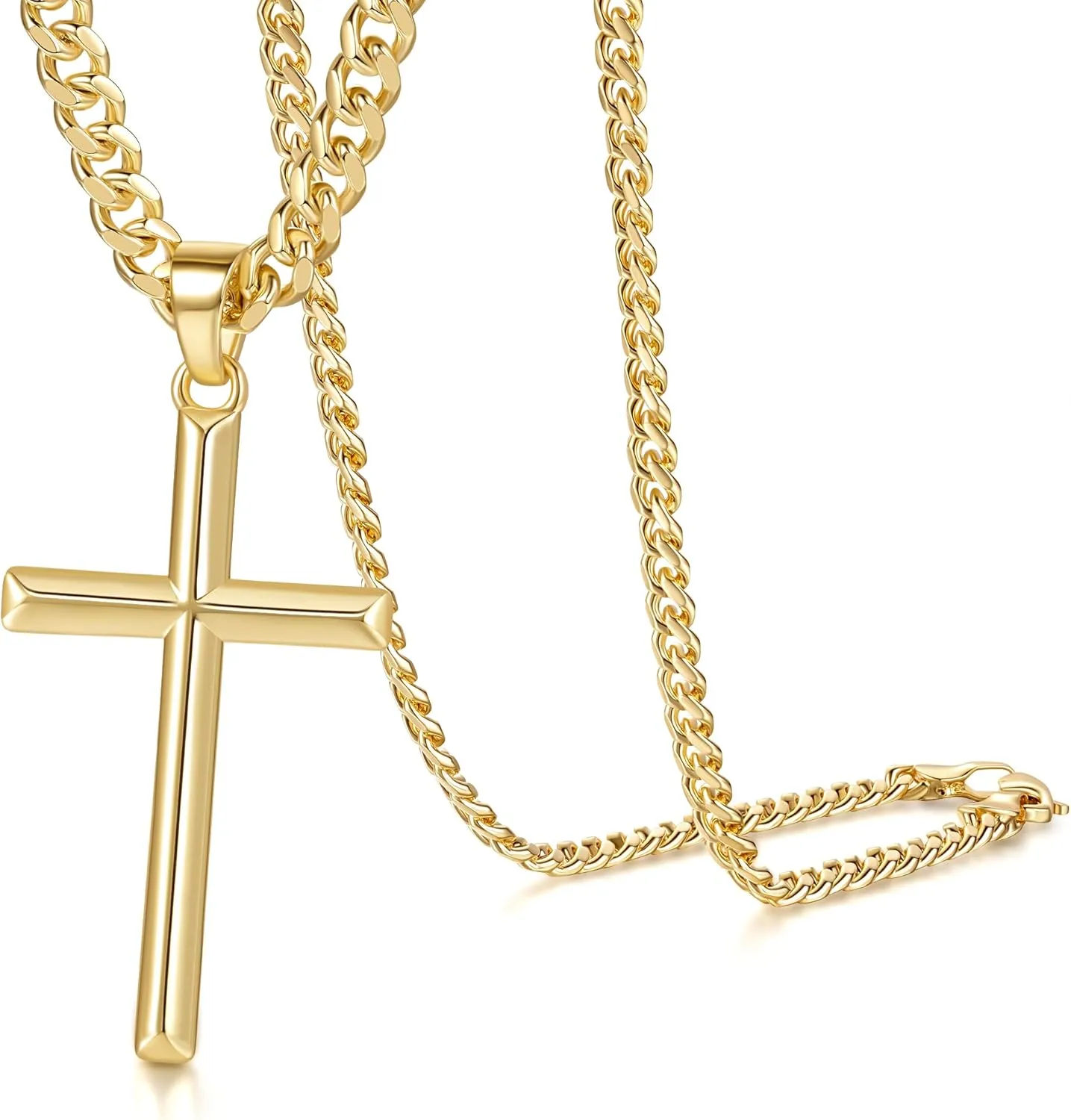NICRET Gold Cross Necklace for Men 14K Cross Pendant for Men Simple Angular Edges with 4mm Cuban Chain Mens Crosses Chain