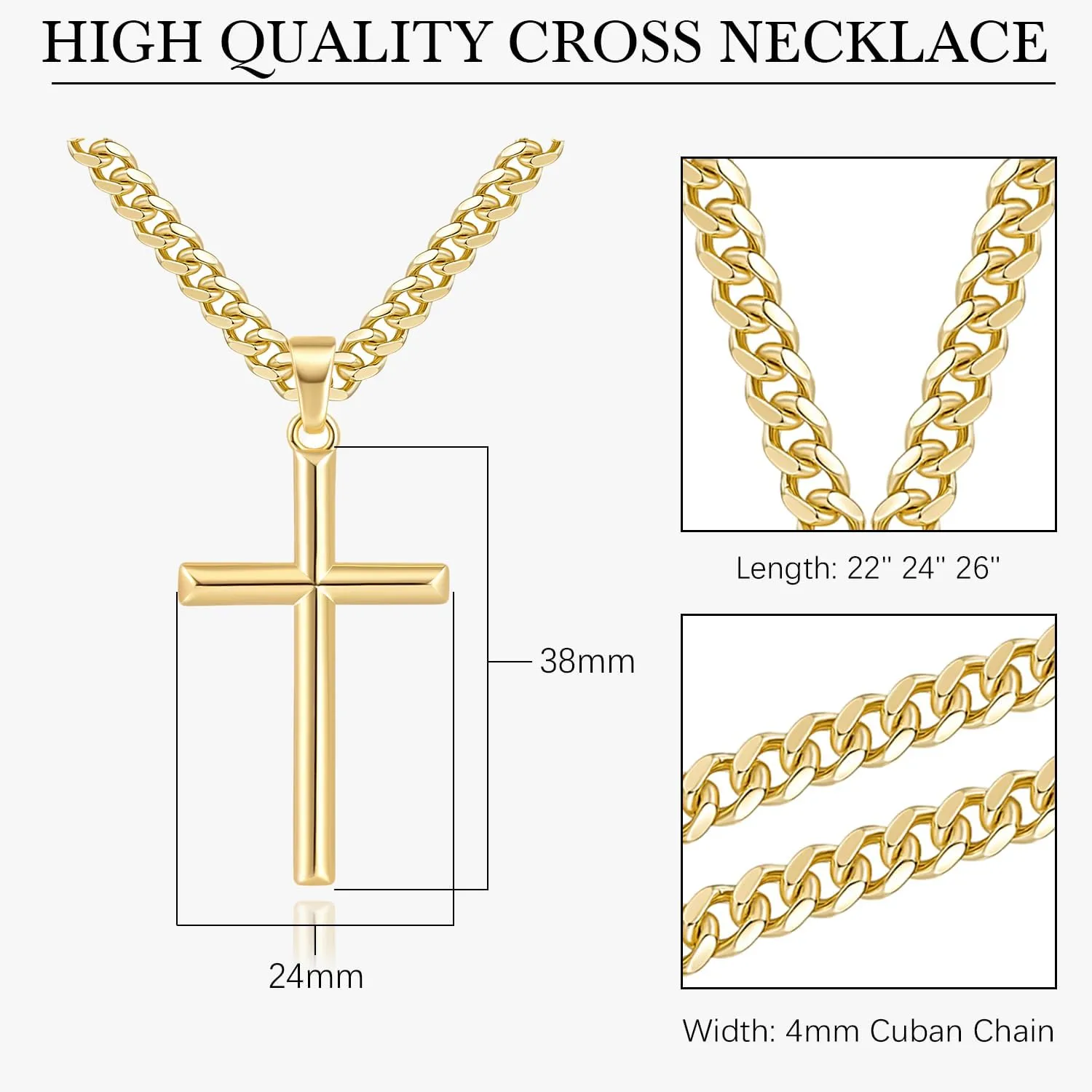 NICRET Gold Cross Necklace for Men 14K Cross Pendant for Men Simple Angular Edges with 4mm Cuban Chain Mens Crosses Chain