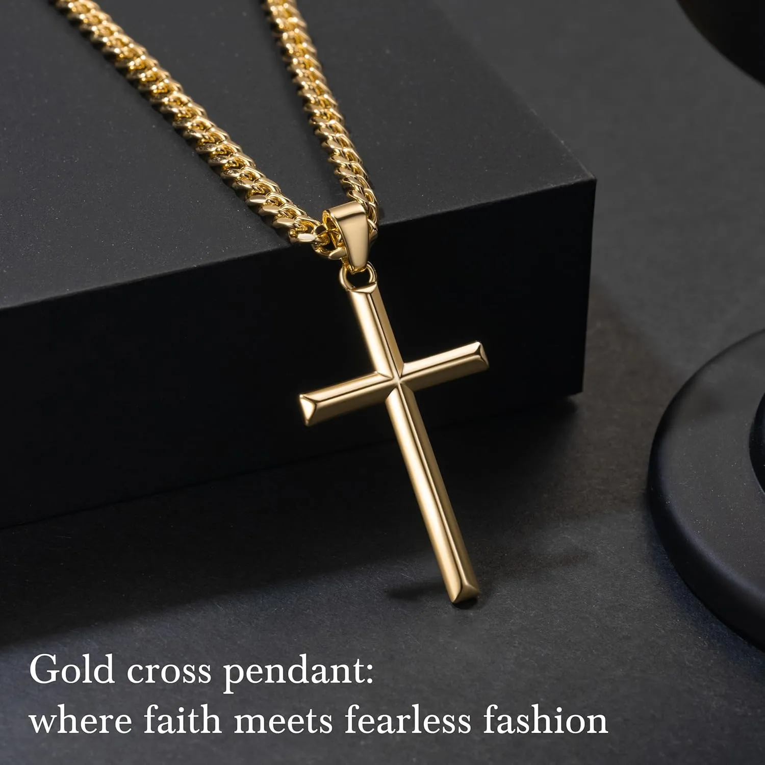 NICRET Gold Cross Necklace for Men 14K Cross Pendant for Men Simple Angular Edges with 4mm Cuban Chain Mens Crosses Chain