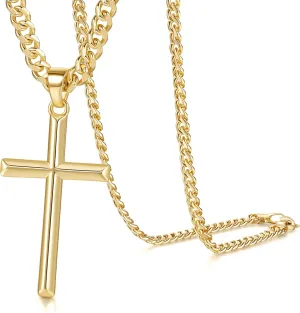 NICRET Gold Cross Necklace for Men 14K Cross Pendant for Men Simple Angular Edges with 4mm Cuban Chain Mens Crosses Chain