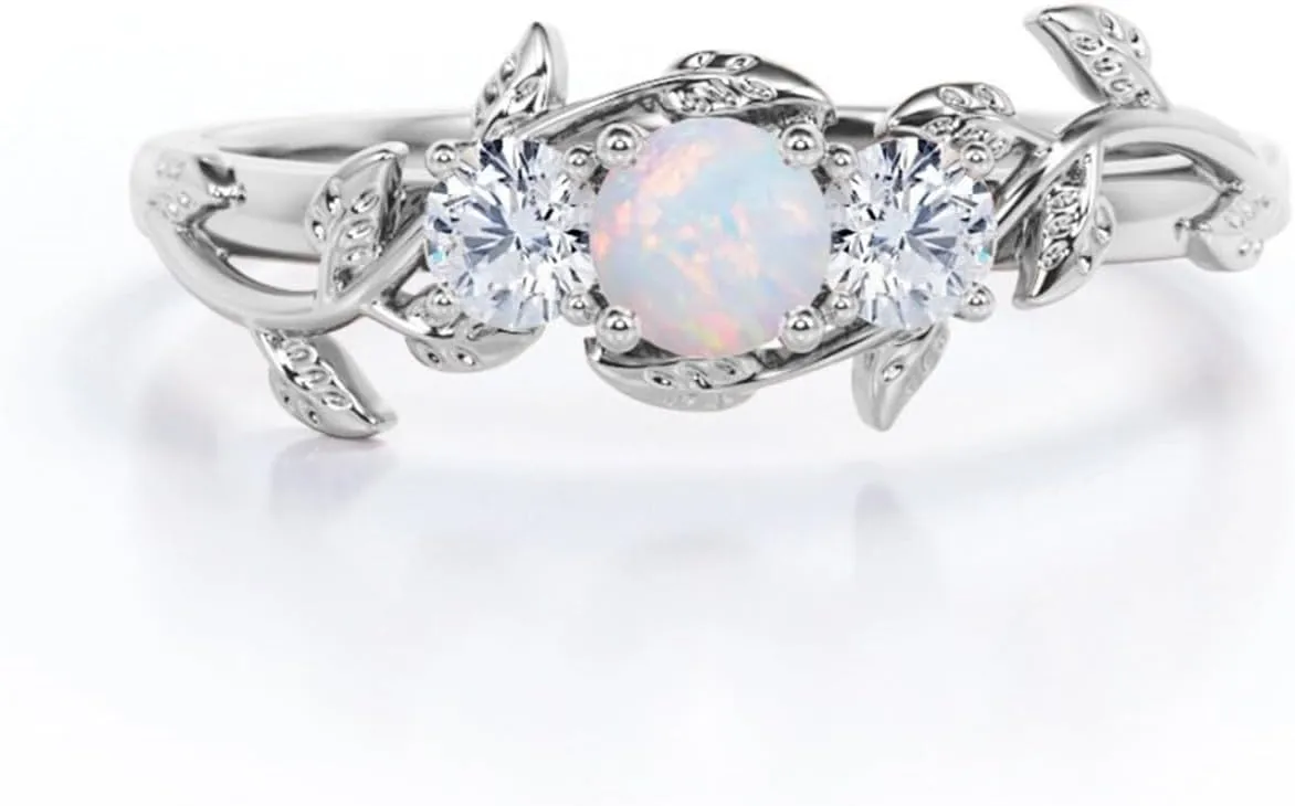 Opal Rings Sterling Silver Wedding Rings for Women, White Opal Engagement Promise Band Ring Anniversary Promise Rings for Her with Free Engraving