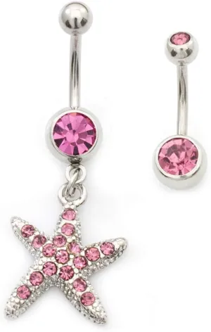Pack of Two Navel Rings-Pink CZ Star Dangle Design and Double Pink CZ 14ga Surgical Steel
