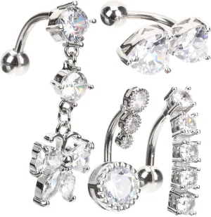 PartyKindom 4pcs Belly Button Ring Set Navel Jewelry Steel Belly Piercing for Women