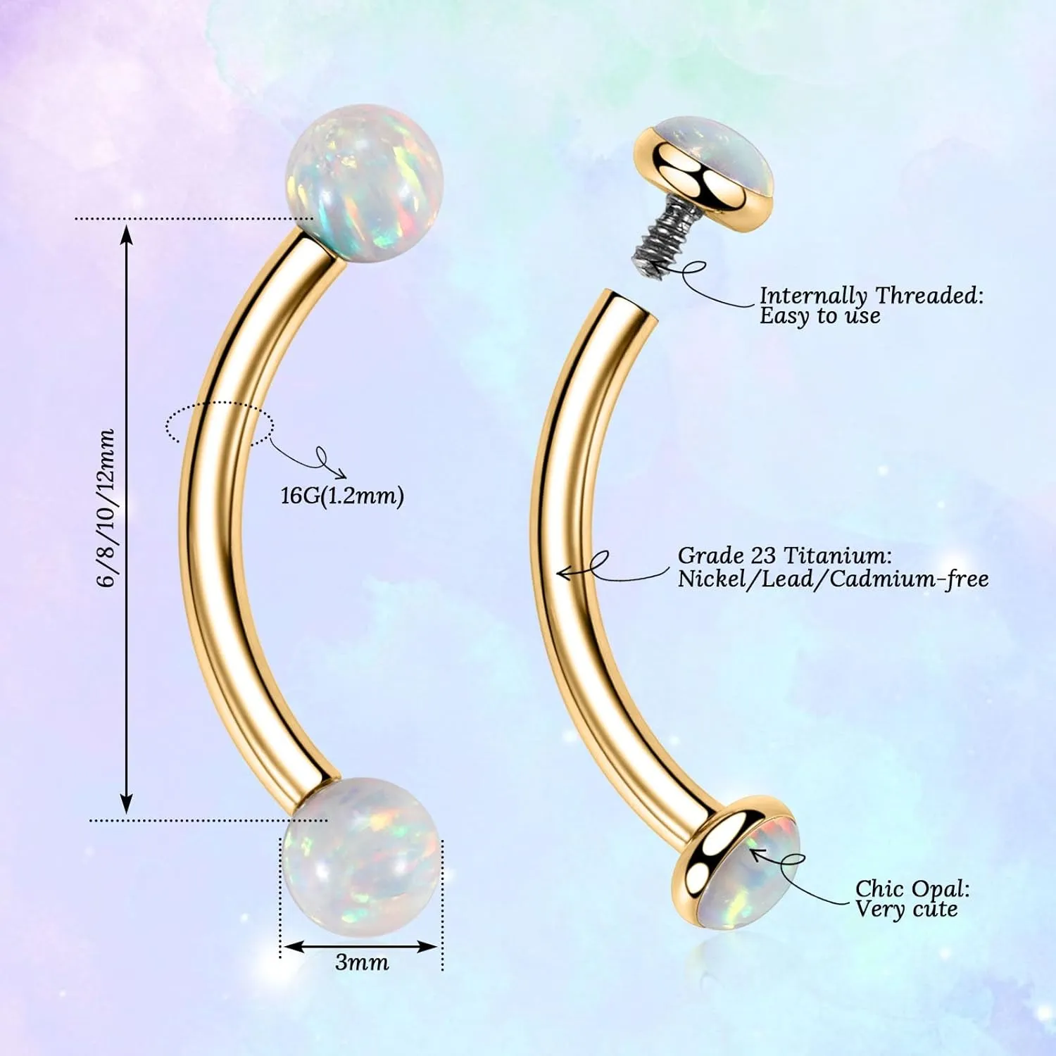 PEAKLINK G23 Titanium Eyebrow Piercing Jewelry - Curved Barbell 16G Eyebrow & Belly Button Rings - 6mm-12mm