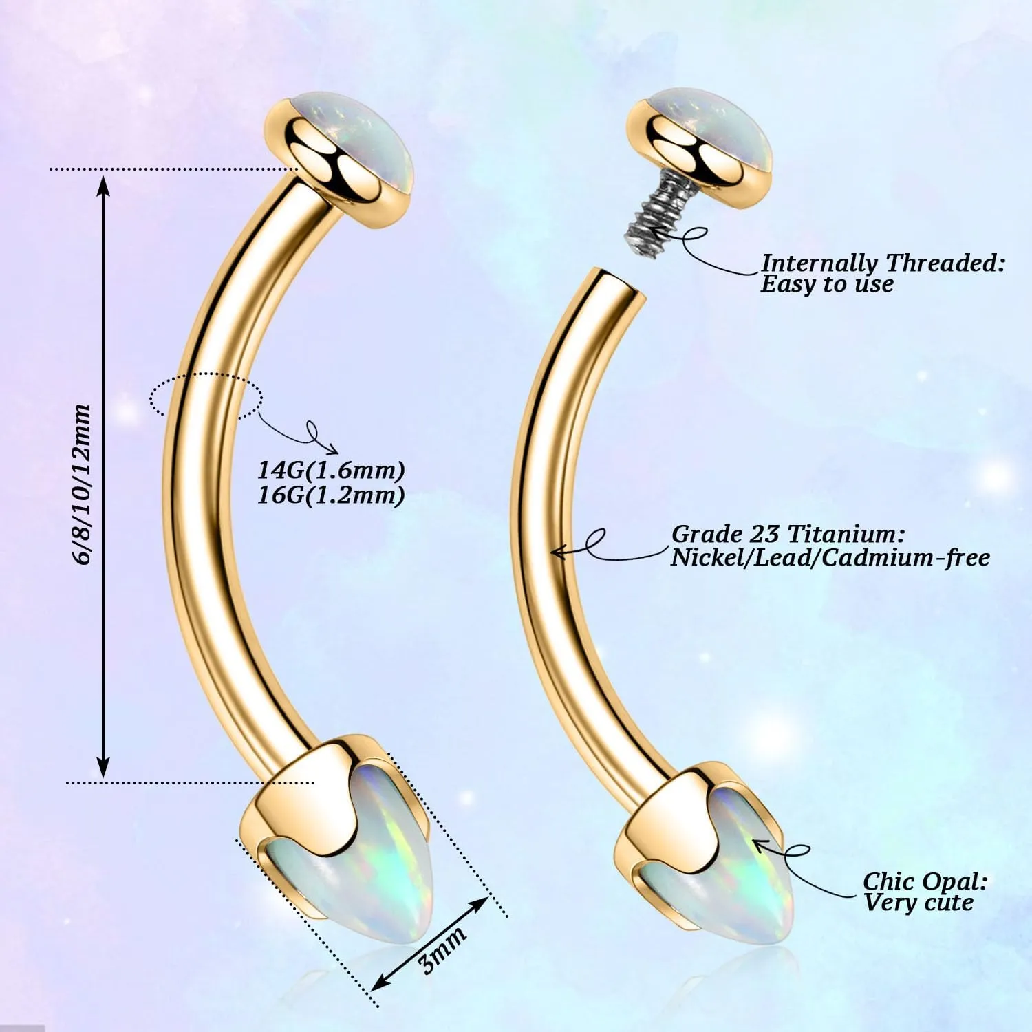 PEAKLINK G23 Titanium Eyebrow Piercing Jewelry - Curved Barbell 16G Eyebrow & Belly Button Rings - 6mm-12mm